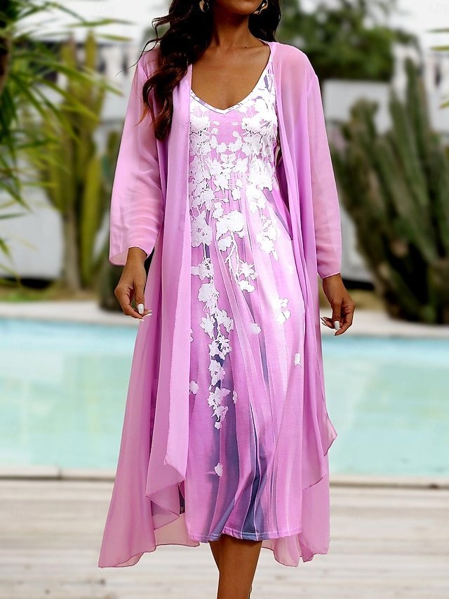 Fashion Loose Flower Print V Neck Half Sleeve Maxi Dress Set - Image 1