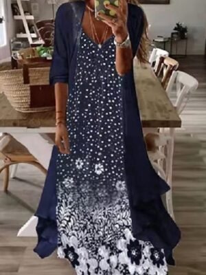 Fashion Loose Flower Print V Neck Half Sleeve Maxi Dress Set - Image 10