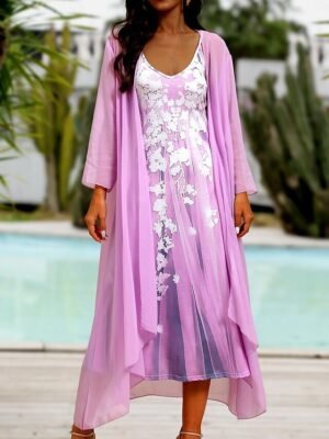 Fashion Loose Flower Print V Neck Half Sleeve Maxi Dress Set - Image 2