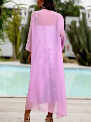 Fashion Loose Flower Print V Neck Half Sleeve Maxi Dress Set - Image 3