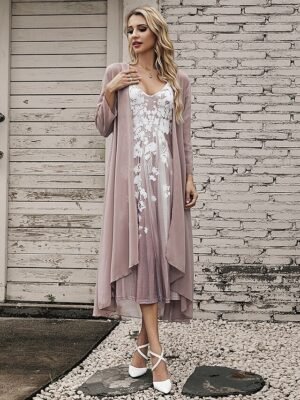 Fashion Loose Flower Print V Neck Half Sleeve Maxi Dress Set - Image 4