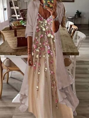 Fashion Loose Flower Print V Neck Half Sleeve Maxi Dress Set - Image 8