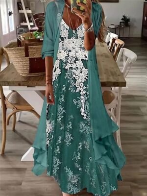 Fashion Loose Flower Print V Neck Half Sleeve Maxi Dress Set - Image 9