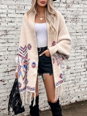Fashion Loose Geometric Open Front Long Sleeve Long Knit Cardigan - Image 1