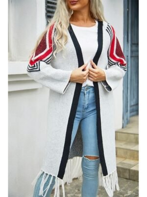 Fashion Loose Geometric Open Front Long Sleeve Long Cardigan - Image 1