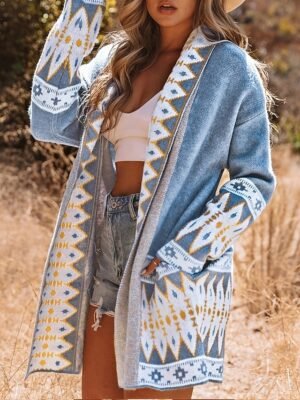Fashion Loose Geometric Open Front Long Sleeve Long Cardigan - Image 3