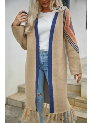 Fashion Loose Geometric Open Front Long Sleeve Long Cardigan - Image 5