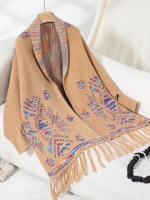 Fashion Loose Geometric Open Front Long Sleeve Long Knit Cardigan - Image 7