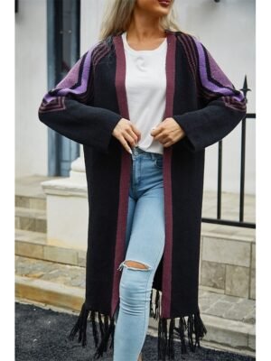 Fashion Loose Geometric Open Front Long Sleeve Long Cardigan - Image 8