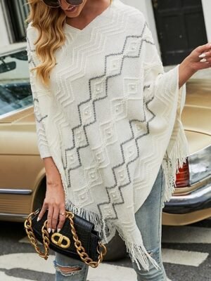 Fashion Loose Geometric V Neck Beaded Tassel Sleeveless Regular Cape - Image 3