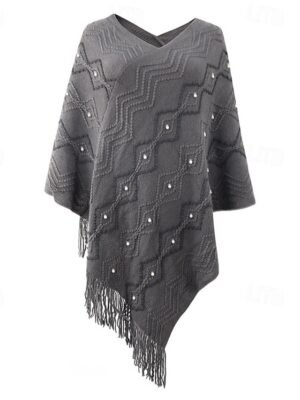 Fashion Loose Geometric V Neck Beaded Tassel Sleeveless Regular Cape - Image 5