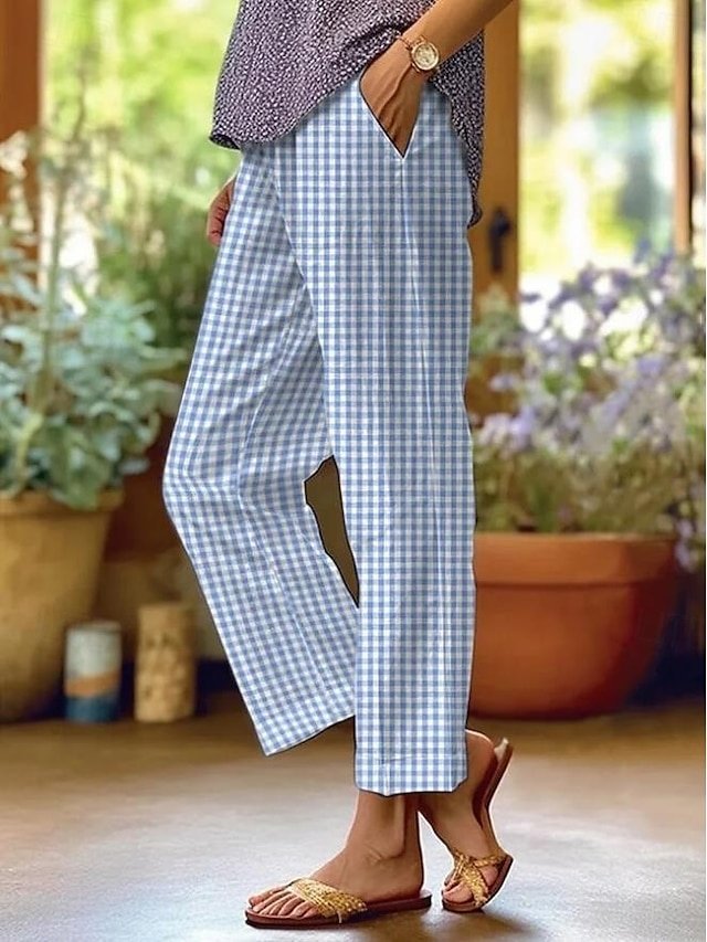 Fashion Loose Graphic Lattice High Waist Full Length Pants - Image 1
