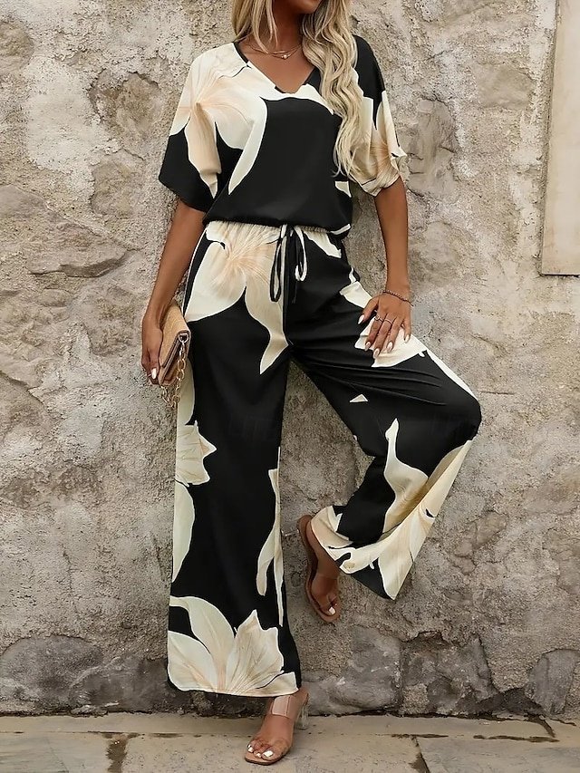 Fashion Loose Graphic V Neck Lantern Half Sleeve Spring & Summer Pants Set - Image 2