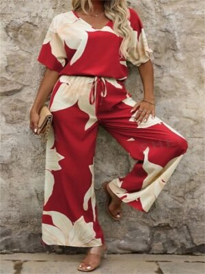 Fashion Loose Graphic V Neck Lantern Half Sleeve Spring & Summer Pants Set - Image 4