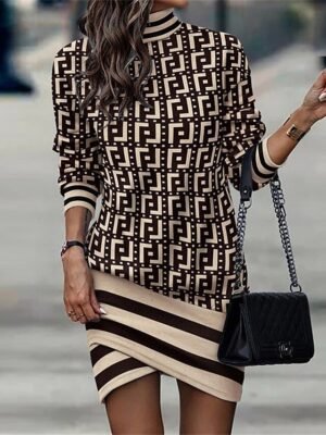 Fashion Loose Leopard Floral Stand Collar Long Sleeve Mini Dress - Image 3