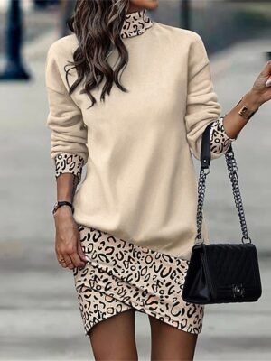 Fashion Loose Leopard Floral Stand Collar Long Sleeve Mini Dress - Image 4