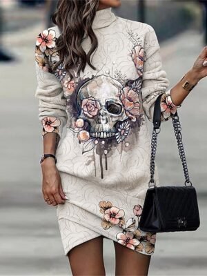 Fashion Loose Leopard Floral Stand Collar Long Sleeve Mini Dress - Image 6