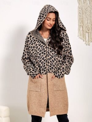 Fashion Loose Leopard Print Open Front Long Sleeve Cardigan - Image 3