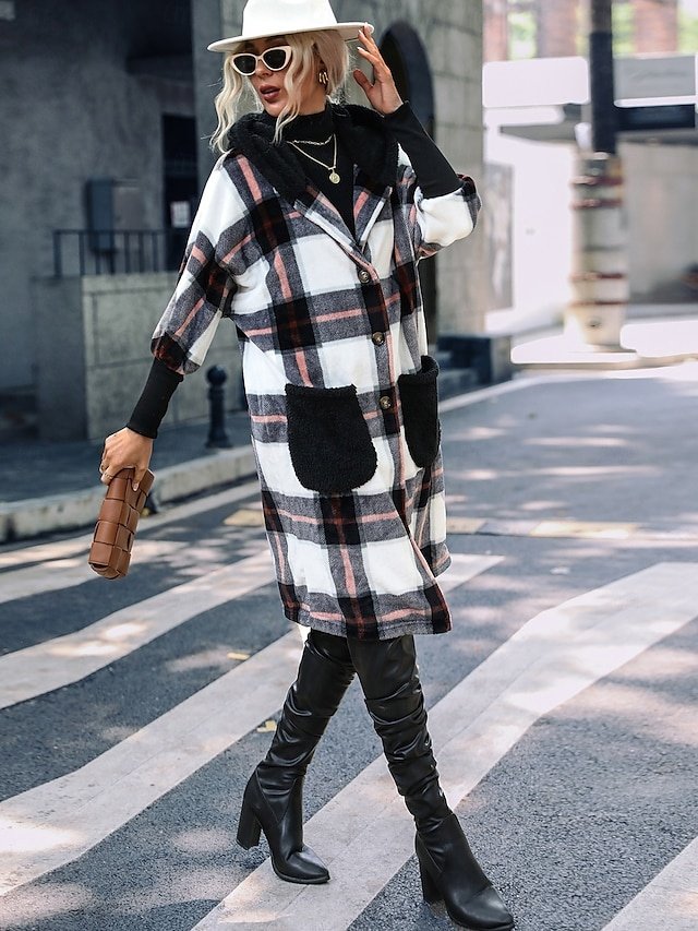 Fashion Loose Plaid Lapel Long Sleeve Teddy Coat - Image 1