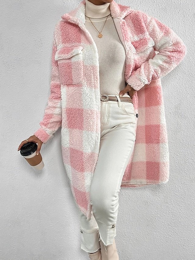 Fashion Loose Plaid Turndown Long Sleeve Sherpa Jacket - Image 1