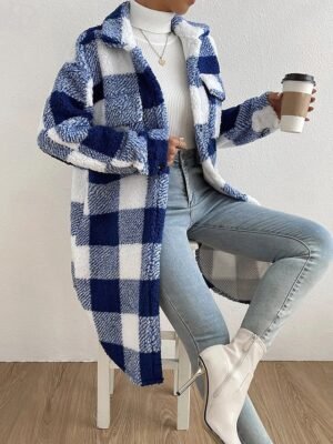 Fashion Loose Plaid Turndown Long Sleeve Sherpa Jacket - Image 10