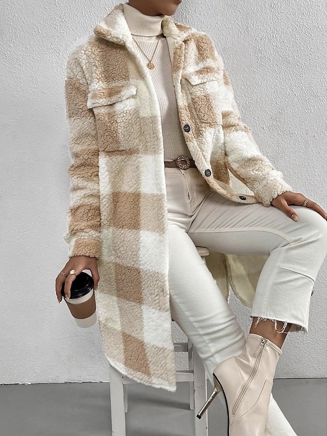 Fashion Loose Plaid Turndown Long Sleeve Sherpa Jacket - Image 12