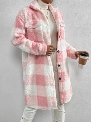 Fashion Loose Plaid Turndown Long Sleeve Sherpa Jacket - Image 3