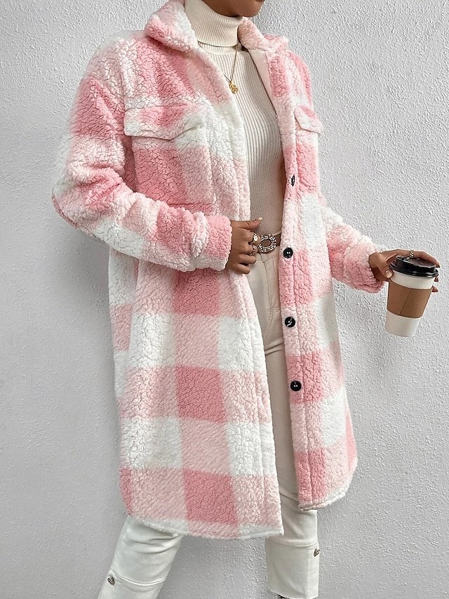 Fashion Loose Plaid Turndown Long Sleeve Sherpa Jacket - Image 3