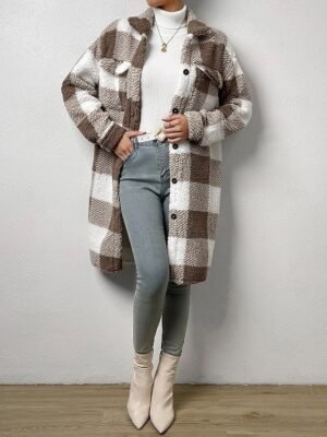 Fashion Loose Plaid Turndown Long Sleeve Sherpa Jacket - Image 4