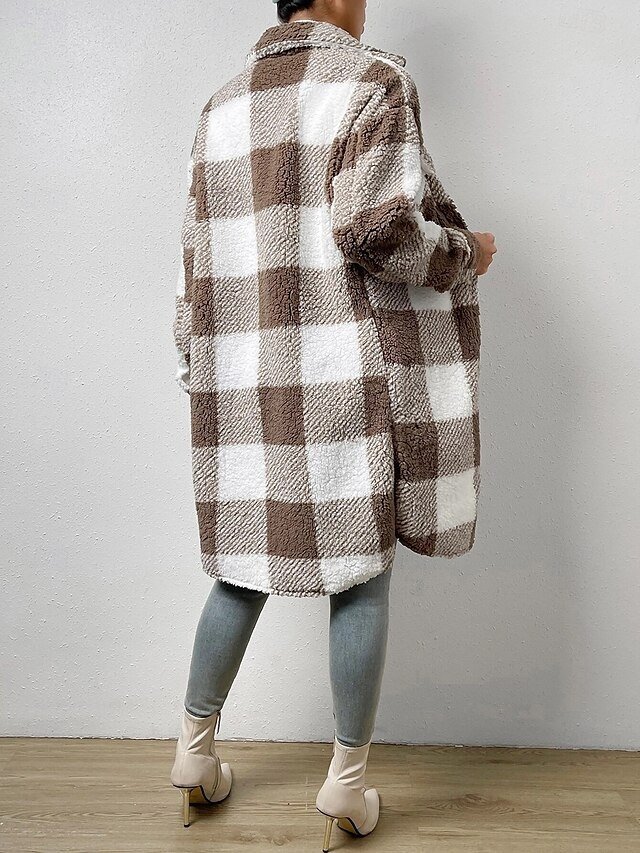 Fashion Loose Plaid Turndown Long Sleeve Sherpa Jacket - Image 6