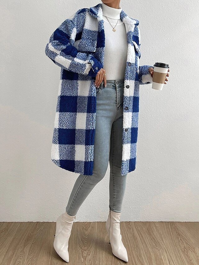 Fashion Loose Plaid Turndown Long Sleeve Sherpa Jacket - Image 9