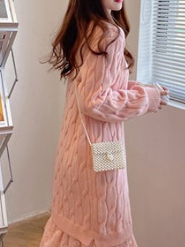 Fashion Loose Plain Crew Neck Long Sleeve Maxi Jumper Dress - Image 2