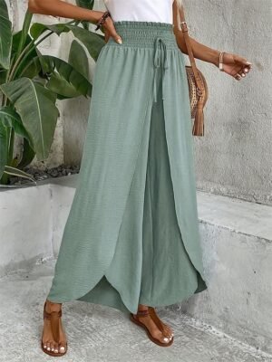 Fashion Loose Plain Drawstring Wide Leg Long Trousers - Image 1