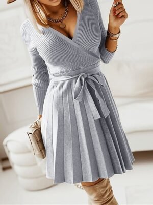 Fashion Loose Plain Surplice Neck Long Sleeve Mini Jumper Dress - Image 1