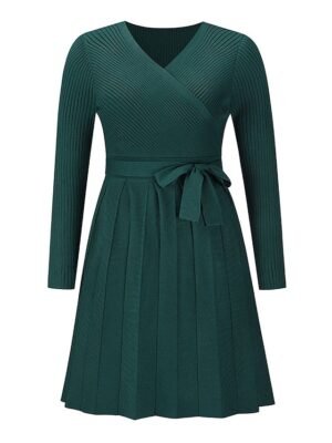 Fashion Loose Plain Surplice Neck Long Sleeve Mini Jumper Dress - Image 11