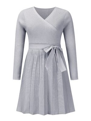 Fashion Loose Plain Surplice Neck Long Sleeve Mini Jumper Dress - Image 5