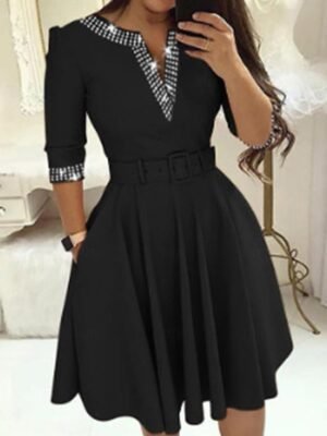 Fashion Loose Plain V Neck 3/4 Sleeve Midi Dress - Image 1