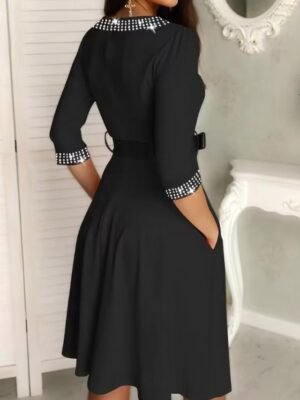 Fashion Loose Plain V Neck 3/4 Sleeve Midi Dress - Image 2