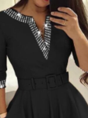 Fashion Loose Plain V Neck 3/4 Sleeve Midi Dress - Image 3