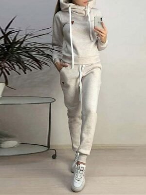 Fashion Loose Pure Colour Hoodie Long Sleeve Long Pajama Set - Image 3