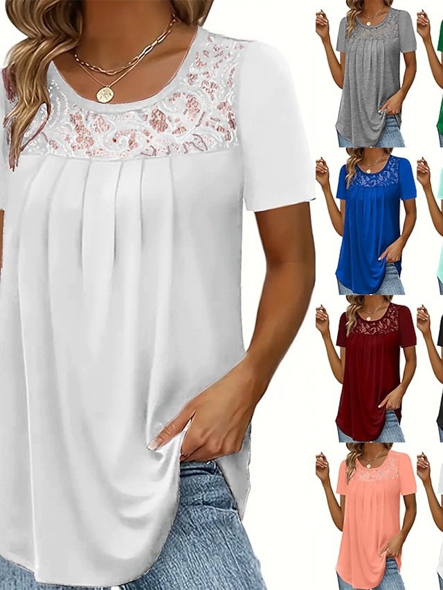 Fashion Loose Solid Colour Round Neck Long Sleeve Lace Blouse - Image 1