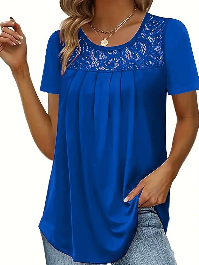 Fashion Loose Solid Colour Round Neck Long Sleeve Lace Blouse - Image 2