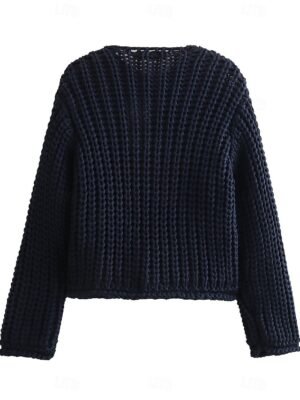 Fashion Loose Solid Crew Neck Long Sleeve Cropped Cardigan - Image 2