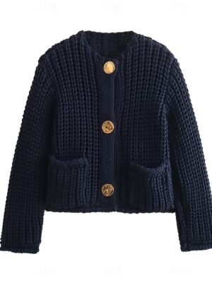 Fashion Loose Solid Crew Neck Long Sleeve Cropped Cardigan - Image 4