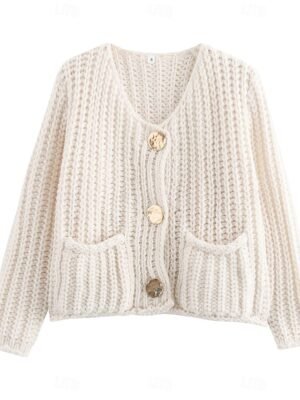 Fashion Loose Solid Crew Neck Long Sleeve Cropped Cardigan - Image 5