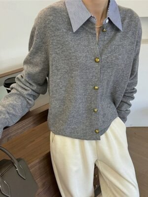 Fashion Loose Solid Shirt Collar Long Sleeve Regular Sweater - Image 3