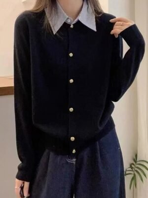 Fashion Loose Solid Shirt Collar Long Sleeve Regular Sweater - Image 6