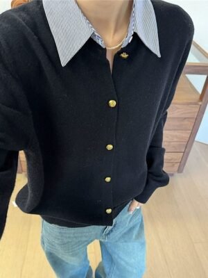 Fashion Loose Solid Shirt Collar Long Sleeve Regular Sweater - Image 7
