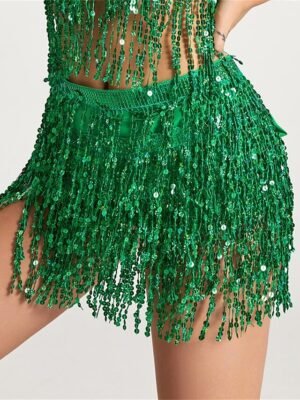 Fashion Low Rise Sequin Print Tassel Mini Skirt - Image 10