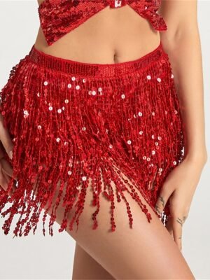 Fashion Low Rise Sequin Print Tassel Mini Skirt - Image 8